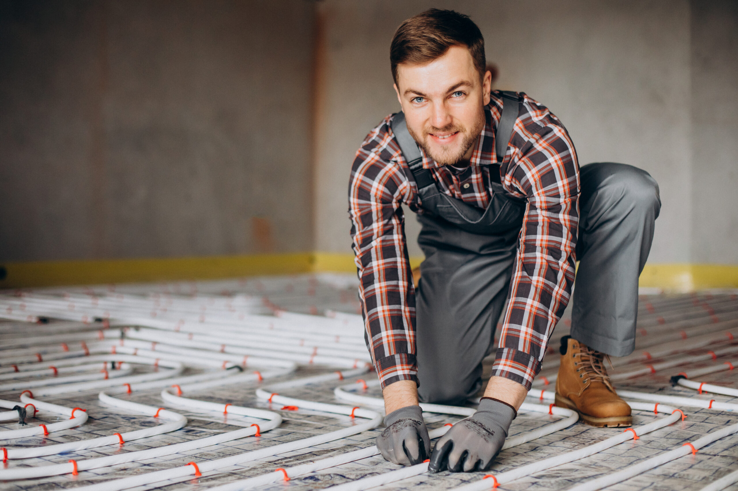 service man instelling house heating system under the floor